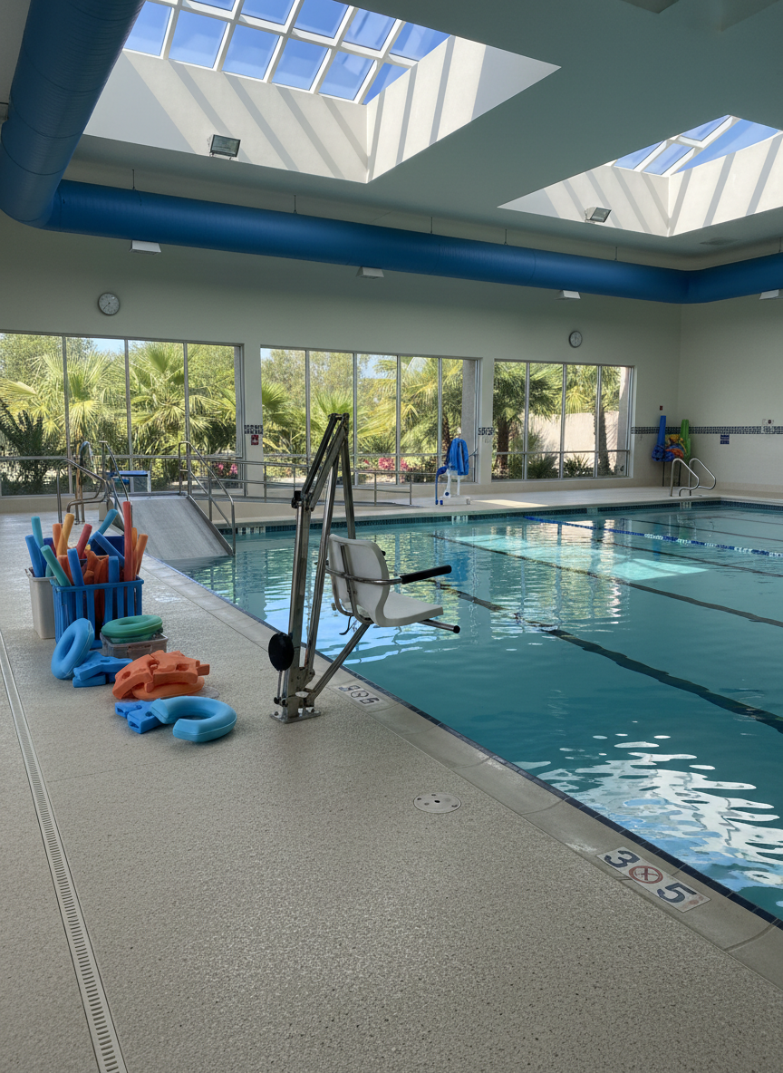 A serene community pool scene without people, showcasing adaptive recreation equipment neatly arranged along the pool’s edge. A stainless-steel pool lift with a contoured white seat, a wide-tread ramp descending into the water, and bright foam flotation devices in blues and oranges rest on a textured non-slip deck. Clear turquoise water reflects geometric patterns from overhead skylights, while large windows frame soft greenery outside. Diffused midday light creates crisp reflections and gentle ripples, enhancing a sense of safety and openness. Photographic realism, shot from a slightly elevated corner angle, uses leading lines of the ramp and pool edge to draw the eye inward. The mood is inclusive, refreshing, and hopeful, highlighting accessible aquatic wellness without feeling medical.
