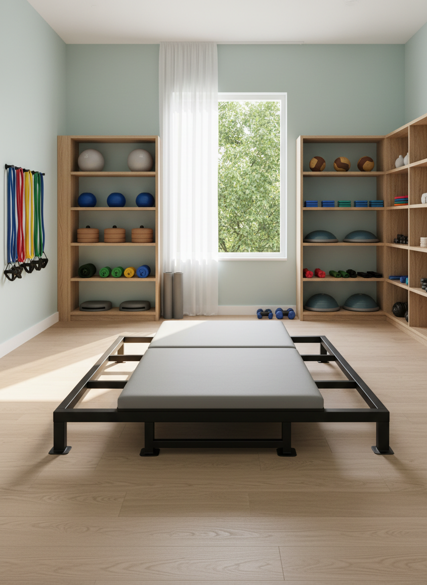 A modern adaptive wellness studio interior centered on a low, wide balance platform with adjustable supports, crafted in smooth matte black metal and soft gray foam. Around it, neatly organized racks display colorful resistance bands, textured medicine balls, and stability cushions of varying sizes, suggesting options for all abilities. The space features light oak flooring, pale teal walls, and a large window revealing leafy trees outside. Soft morning sunlight filters in, creating gentle highlights on equipment surfaces and subtle shadows across the floor. Photographic realism, captured from an eye-level angle with a slight wide lens, keeps the entire room in sharp focus. The mood is calm, professional, and welcoming, emphasizing empowerment through movement rather than clinical treatment.