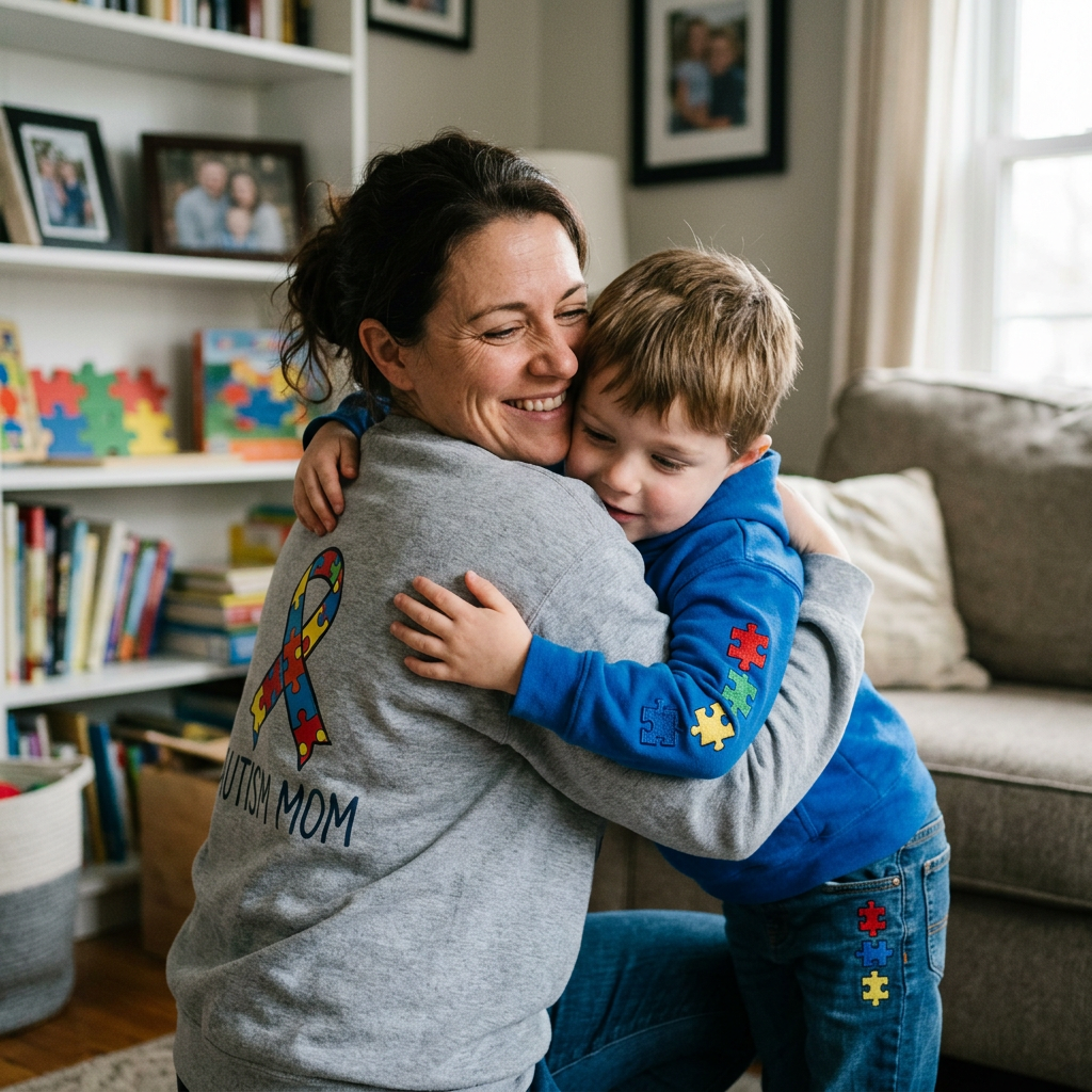 Mother wearing Autism Mom sweatshirt hugging young boy in blue hoodie with puzzle piece designs